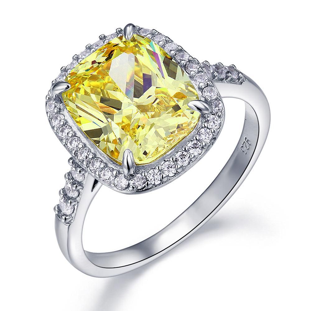 Wedding Bands Qatar  6.00ct Classic Cushion Cut Yellow Diamond Halo Engagement Ring, Diamond Shoulders, 925 Silver