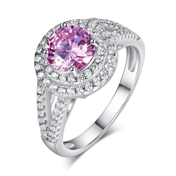 Engagement And Wedding Ring Sets Australia   1.25ct Pink Diamond, Double Halo, Round Brilliant Cut Engagement Ring, 925 Sterling Silver