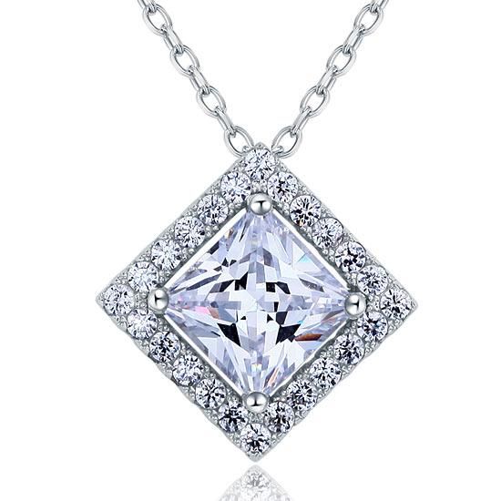 Platinum Wedding Band Singapore  1.50ct Princess Cut Diamond Halo Pendant, Classic Diamond Necklace, 925 Silver