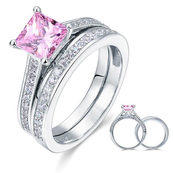 Platinum Wedding Band Singapore  1.50ct Princess Cut Pink Diamond Bridal Set, 925 Sterling Silver