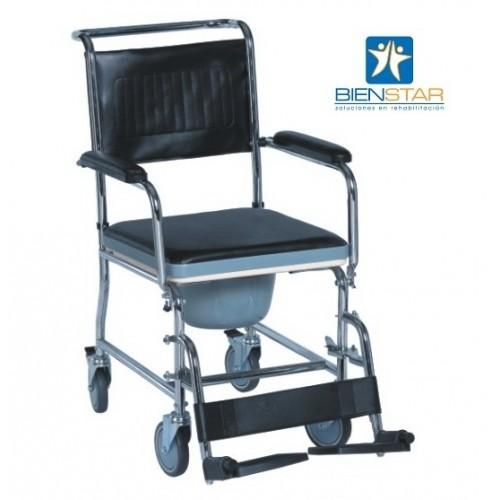 Silla Comodo Ruedas 5 Pulg Cromada Tapiz Negro Pierneras Desm. Brazos Abatibles Frenos 100 Kg