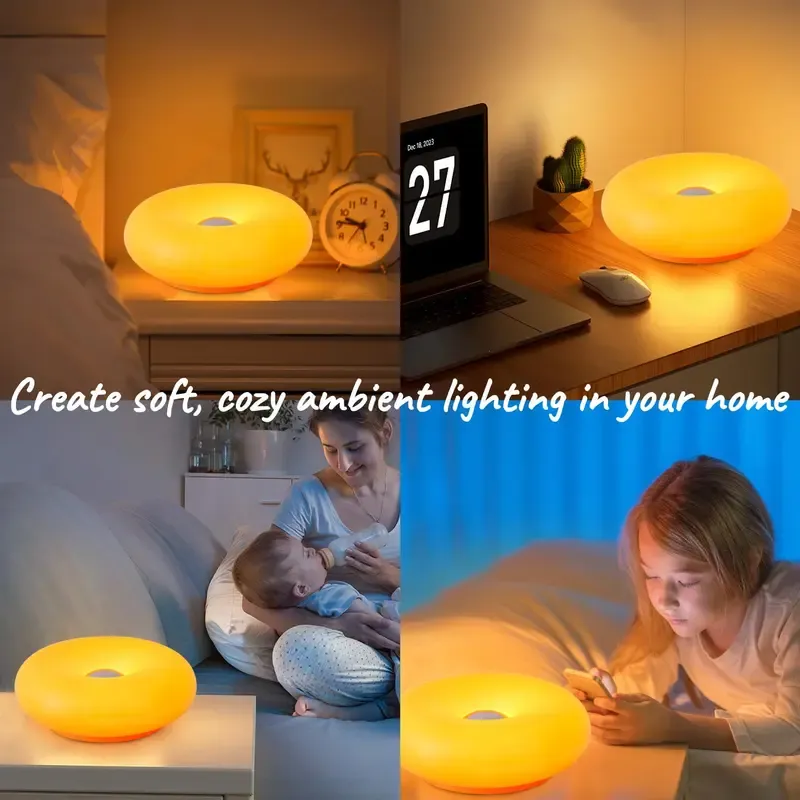 Rechargeable Donut LED Lamp | 3-Color Temperature Night Light for Bedroom & Desk, Dimmable, USB Charged, Modern Decor