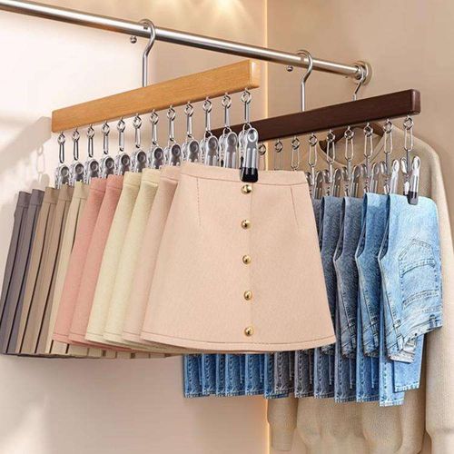 Heavy-Duty No-Mark Stainless Steel Wooden Hanger with 12 Clips, Wet or Dry Closet Organizer