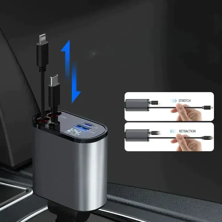 Retractable Car Charger Fast Charge, 180° Adjustable Multi-Port Car Cigarette Lighter Adapter for iPhone & Type-C Devices