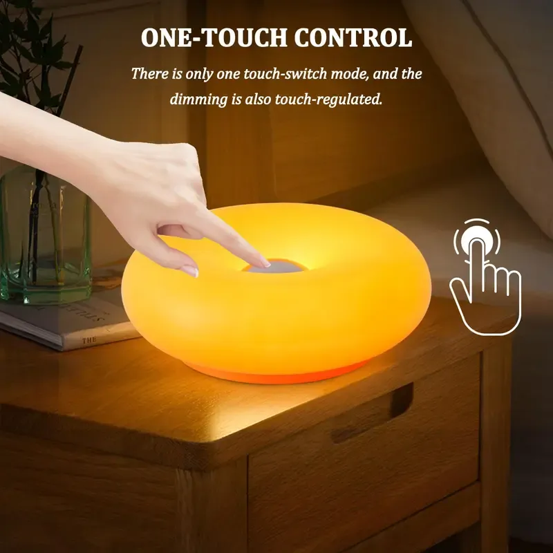 Rechargeable Donut LED Lamp | 3-Color Temperature Night Light for Bedroom & Desk, Dimmable, USB Charged, Modern Decor