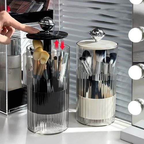 Dustproof Makeup Brush Holder with Automatic Lift, Cosmetic Organizer for Eyeliners, Lipsticks & Brushes, Clear Plastic Desktop Storage Box