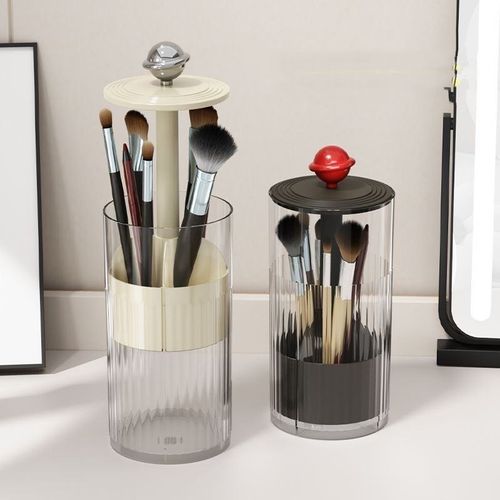 Dustproof Makeup Brush Holder with Automatic Lift, Cosmetic Organizer for Eyeliners, Lipsticks & Brushes, Clear Plastic Desktop Storage Box