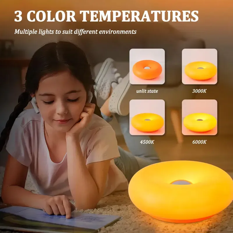 Rechargeable Donut LED Lamp | 3-Color Temperature Night Light for Bedroom & Desk, Dimmable, USB Charged, Modern Decor