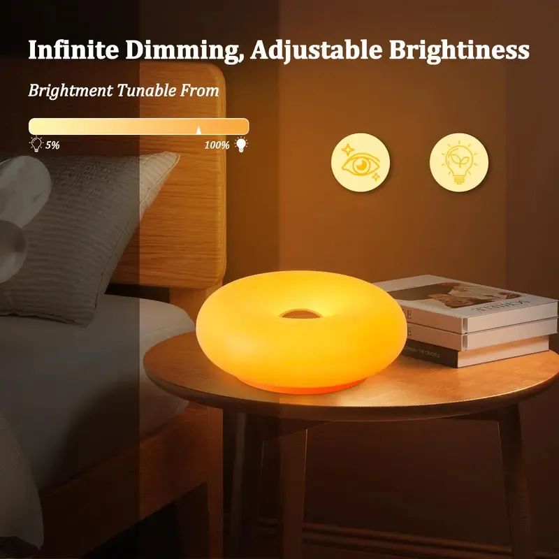 Rechargeable Donut LED Lamp | 3-Color Temperature Night Light for Bedroom & Desk, Dimmable, USB Charged, Modern Decor