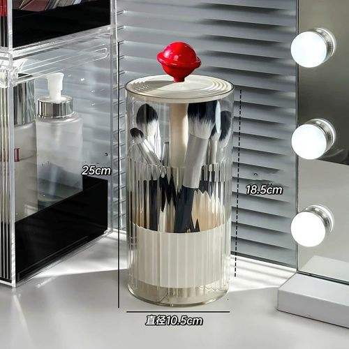 Dustproof Makeup Brush Holder with Automatic Lift, Cosmetic Organizer for Eyeliners, Lipsticks & Brushes, Clear Plastic Desktop Storage Box