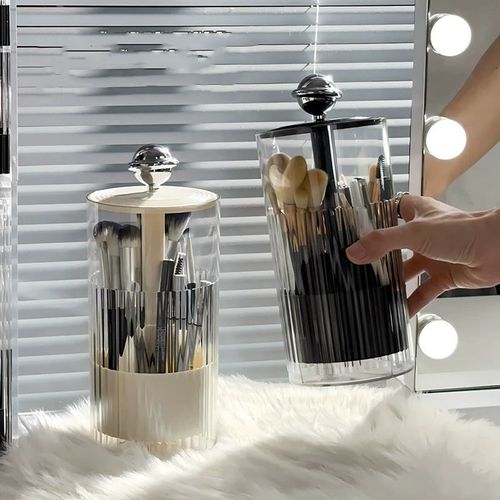 Dustproof Makeup Brush Holder with Automatic Lift, Cosmetic Organizer for Eyeliners, Lipsticks & Brushes, Clear Plastic Desktop Storage Box
