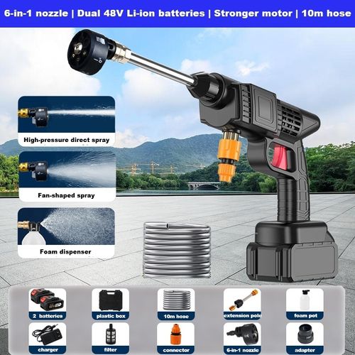 Upgraded 6-in-1 nozzle | Dual 48V Li-ion batteries | Stronger motor | 10m inlet hose🔥Portable Cordless High Pressure Spray Water Gun🔥