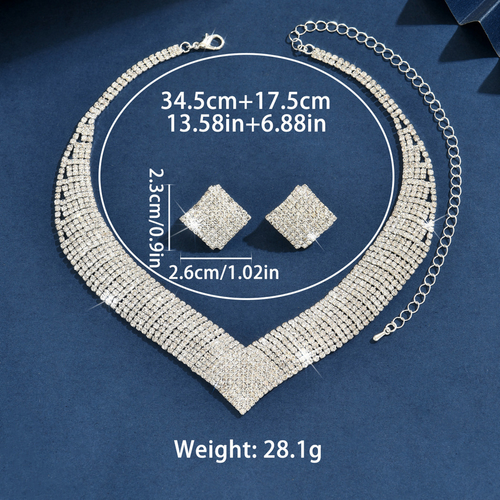 Shiny Full Diamond Wide V-Shaped Necklace & Earring Two Piece Set with Jewelry Box