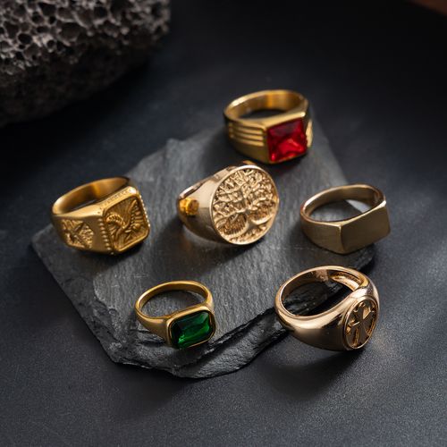 Men Vintage Gold Signet Ring Set With Stones, Hip Hop Personalized Jewelry