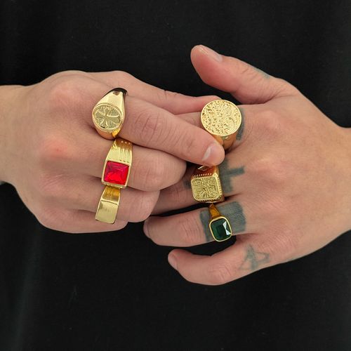 Men Vintage Gold Signet Ring Set With Stones, Hip Hop Personalized Jewelry