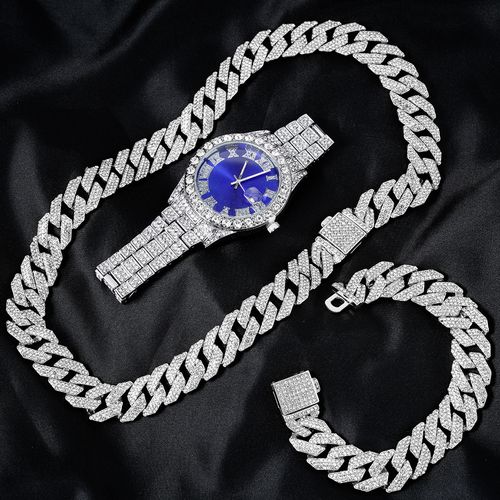 Men Iced Out Hip Hop Jewelry Set | Bling Watch + Cuban Chain + Cross Necklace & Bracelet With Box