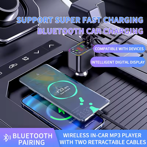 120W Retractable Car Charger: Fast Charge Bluetooth MP3 + Digital Display (Colorful LED) USB