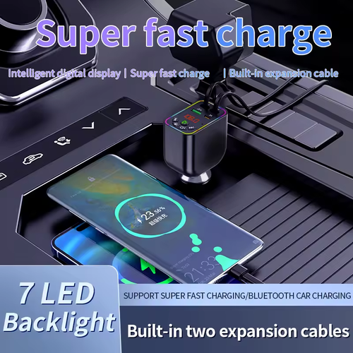 120W Retractable Car Charger: Fast Charge Bluetooth MP3 + Digital Display (Colorful LED) USB