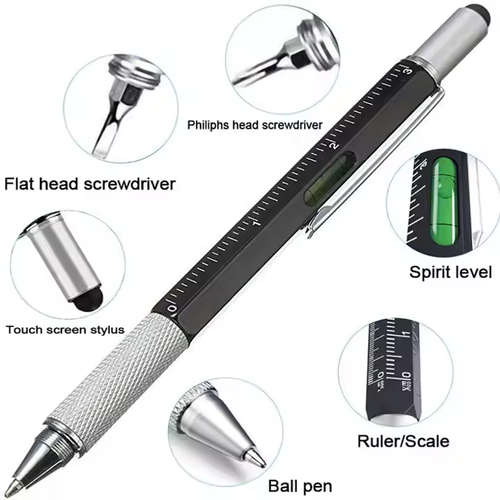 6 in 1 Multifunction Pen Metal Ballpoint Stylus tool Pen with Screwdriver Ruler Level Touch Stylus