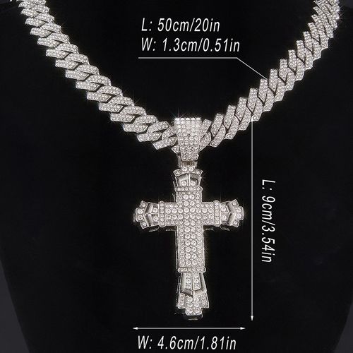 Fully Paved Rhinestone Cross Pendant Iced Cuban Chain Statement Necklace