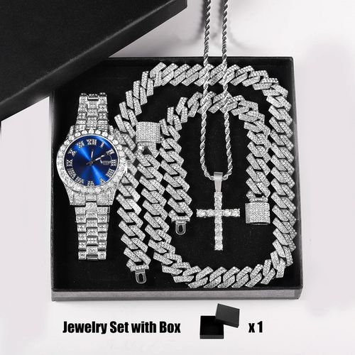 Men Iced Out Hip Hop Jewelry Set | Bling Watch + Cuban Chain + Cross Necklace & Bracelet With Box