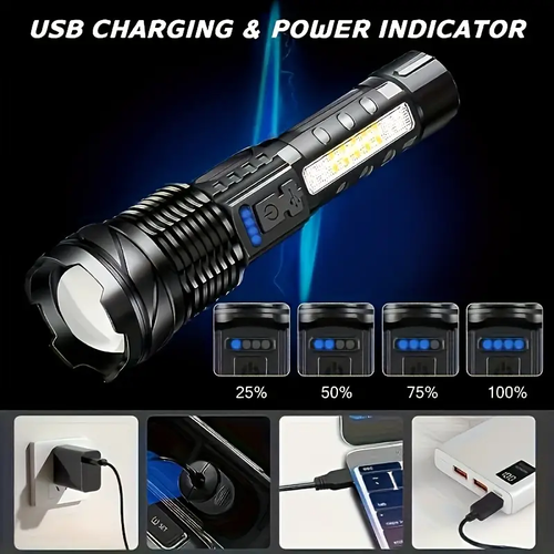 Ultra Bright High-power Tactical Light Telescopic Type-C Charging Emergency Remote Waterproof Aluminum & ABS Body LED Flashlight