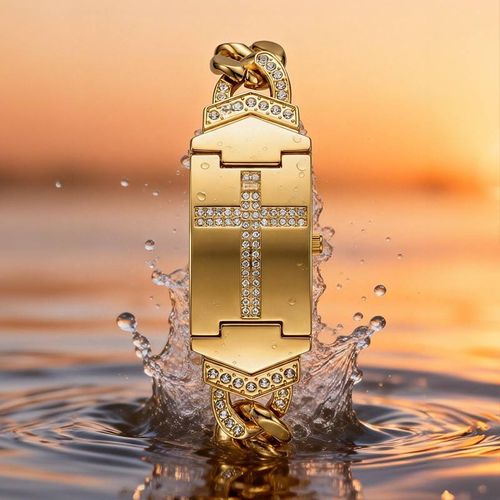 Luxury Ladies Quartz Wristwatch with Golden Cross Embellishment & Diamond Inlaid Flip Case