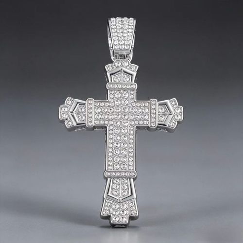 Fully Paved Rhinestone Cross Pendant Iced Cuban Chain Statement Necklace