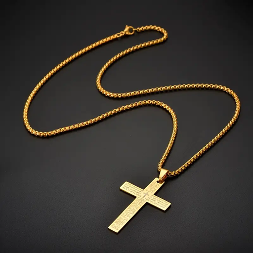 Christian Bible Cross Chain Necklace Stainless Steel Pendant Necklace （Color: Gold）