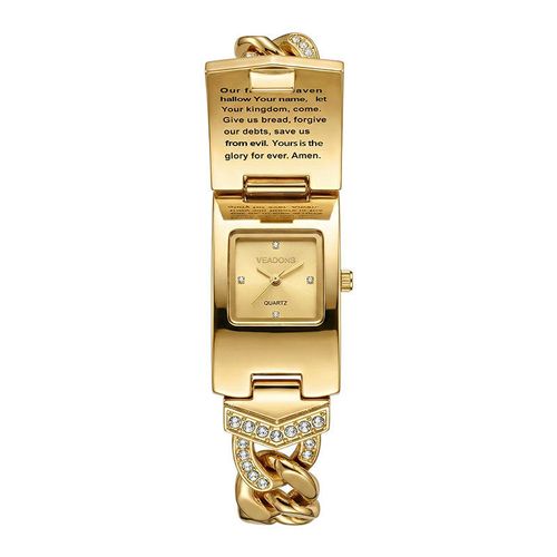 Luxury Ladies Quartz Wristwatch with Golden Cross Embellishment & Diamond Inlaid Flip Case