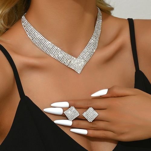 Shiny Full Diamond Wide V-Shaped Necklace & Earring Two Piece Set with Jewelry Box