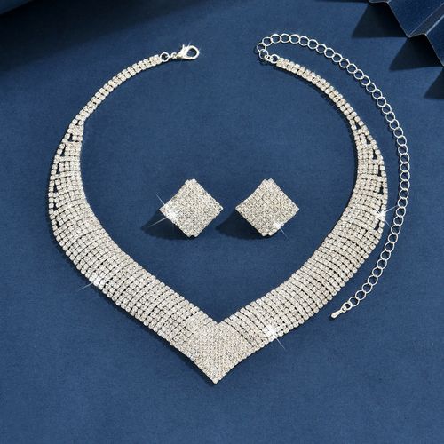 Shiny Full Diamond Wide V-Shaped Necklace & Earring Two Piece Set with Jewelry Box
