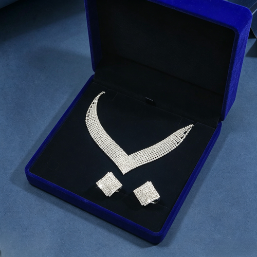 Shiny Full Diamond Wide V-Shaped Necklace & Earring Two Piece Set with Jewelry Box