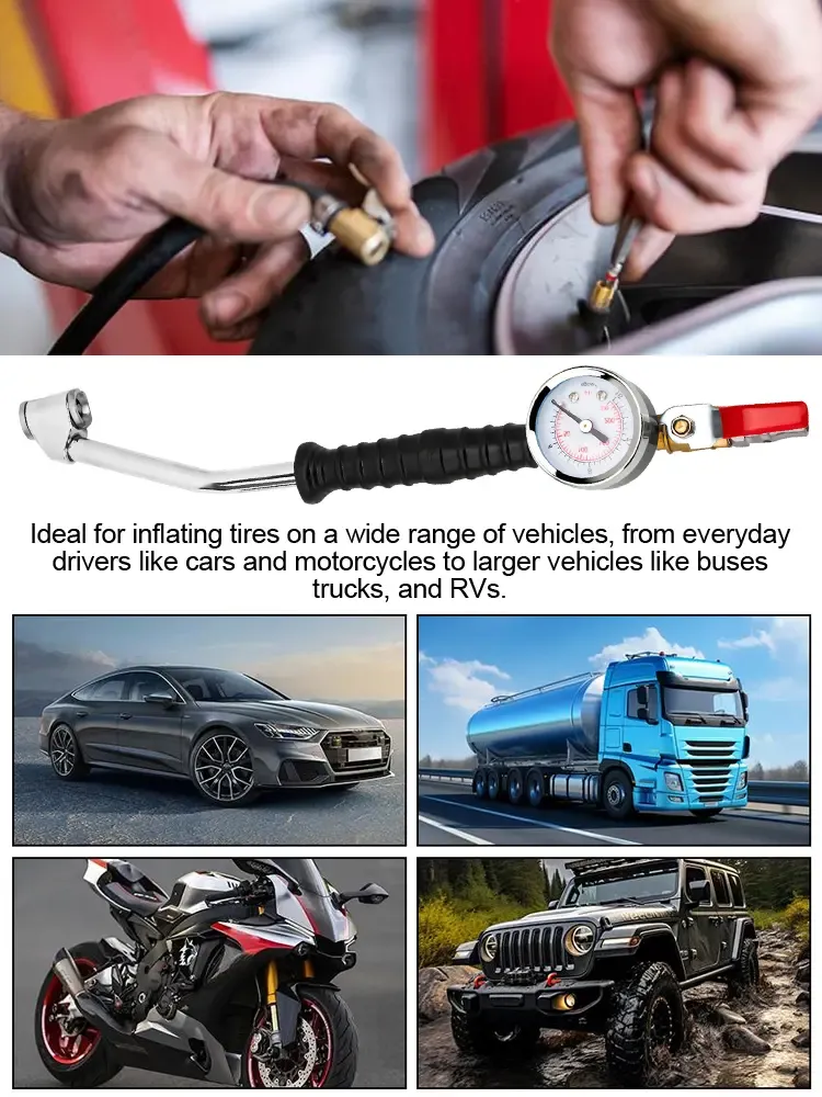 Tire quick inflator with valve and pressure gauge