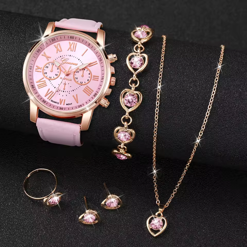 6PCS Fashion Women's Quartz Watch  Heart Rhinestone Jewelry Set(Without Box)