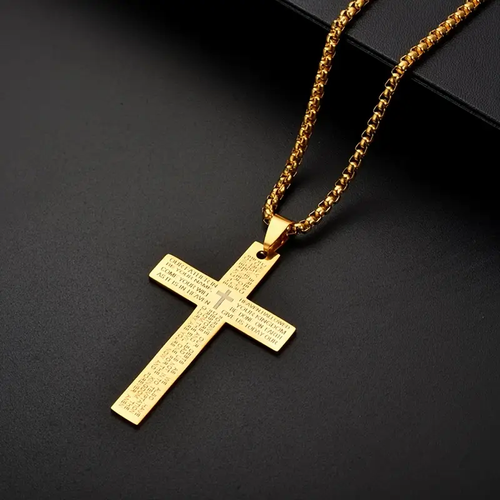 Christian Bible Cross Chain Necklace Stainless Steel Pendant Necklace （Color: Gold）