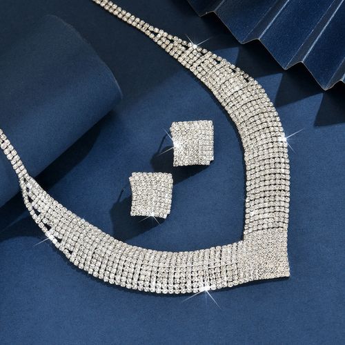 Shiny Full Diamond Wide V-Shaped Necklace & Earring Two Piece Set with Jewelry Box
