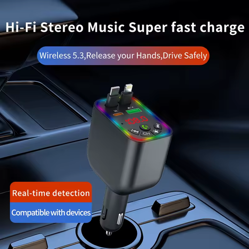 120W Retractable Car Charger: Fast Charge Bluetooth MP3 + Digital Display (Colorful LED) USB