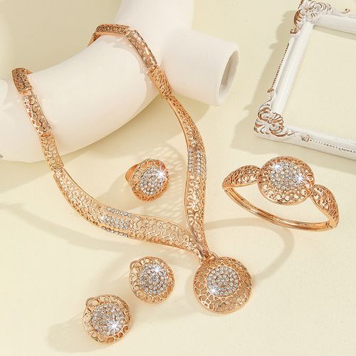 Fashion Statement Rhinestone Circle Necklace Earrings Ring Bracelet 4‑Piece Jewelry Set