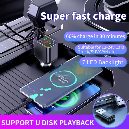 120W Retractable Car Charger: Fast Charge Bluetooth MP3 + Digital Display (Colorful LED) USB