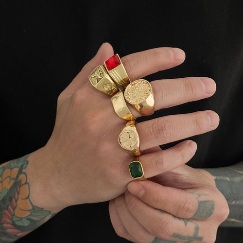 Men Vintage Gold Signet Ring Set With Stones, Hip Hop Personalized Jewelry