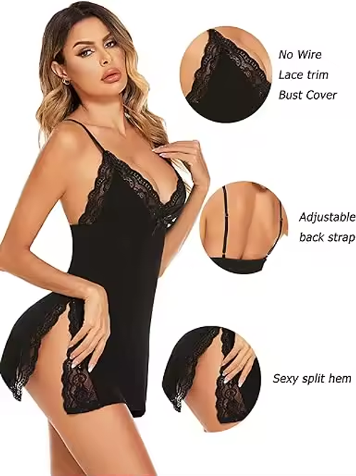 Lace Trim Slit Bowknot DecorSleep Dress