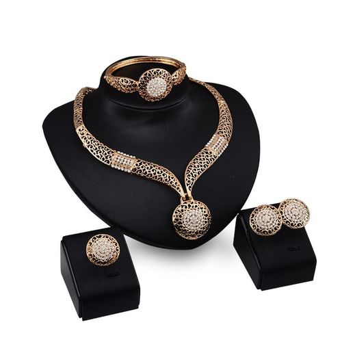 Fashion Statement Rhinestone Circle Necklace Earrings Ring Bracelet 4‑Piece Jewelry Set