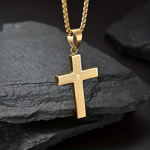Christian Bible Cross Chain Necklace Stainless Steel Pendant Necklace （Color: Gold）