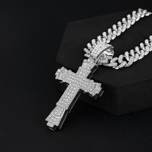 Fully Paved Rhinestone Cross Pendant Iced Cuban Chain Statement Necklace