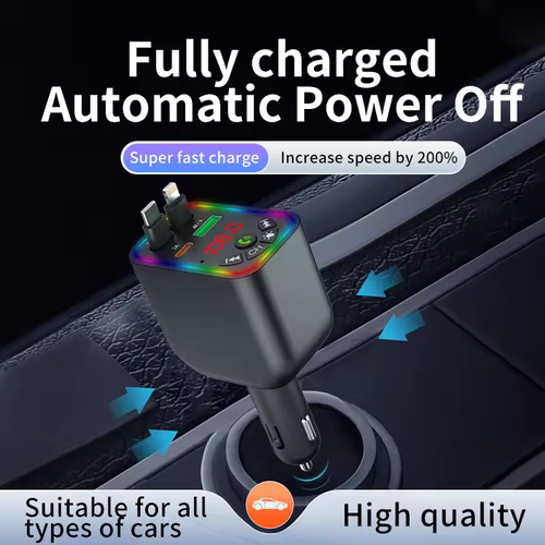120W Retractable Car Charger: Fast Charge Bluetooth MP3 + Digital Display (Colorful LED) USB