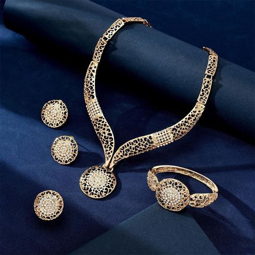 Fashion Statement Rhinestone Circle Necklace Earrings Ring Bracelet 4‑Piece Jewelry Set
