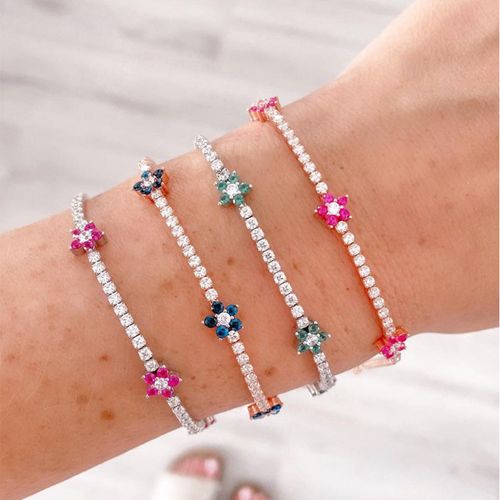 INS Hot Minimalist Jewelry Luxury Diamond Stack Colorful Three Flower Charm Gold Plated CZ Zircon Tennis Chain Bracelet Women