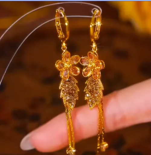 Shiny Diamond Zircon Gold Floral and Leaf Tassel Earrings