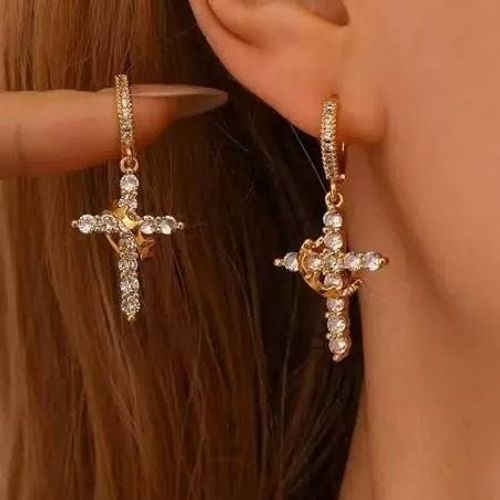 Fashion Jewelry Cross Drop Earrings High Quality Earrings Sparkling Zircon Crown Pendant Hoop Earrings